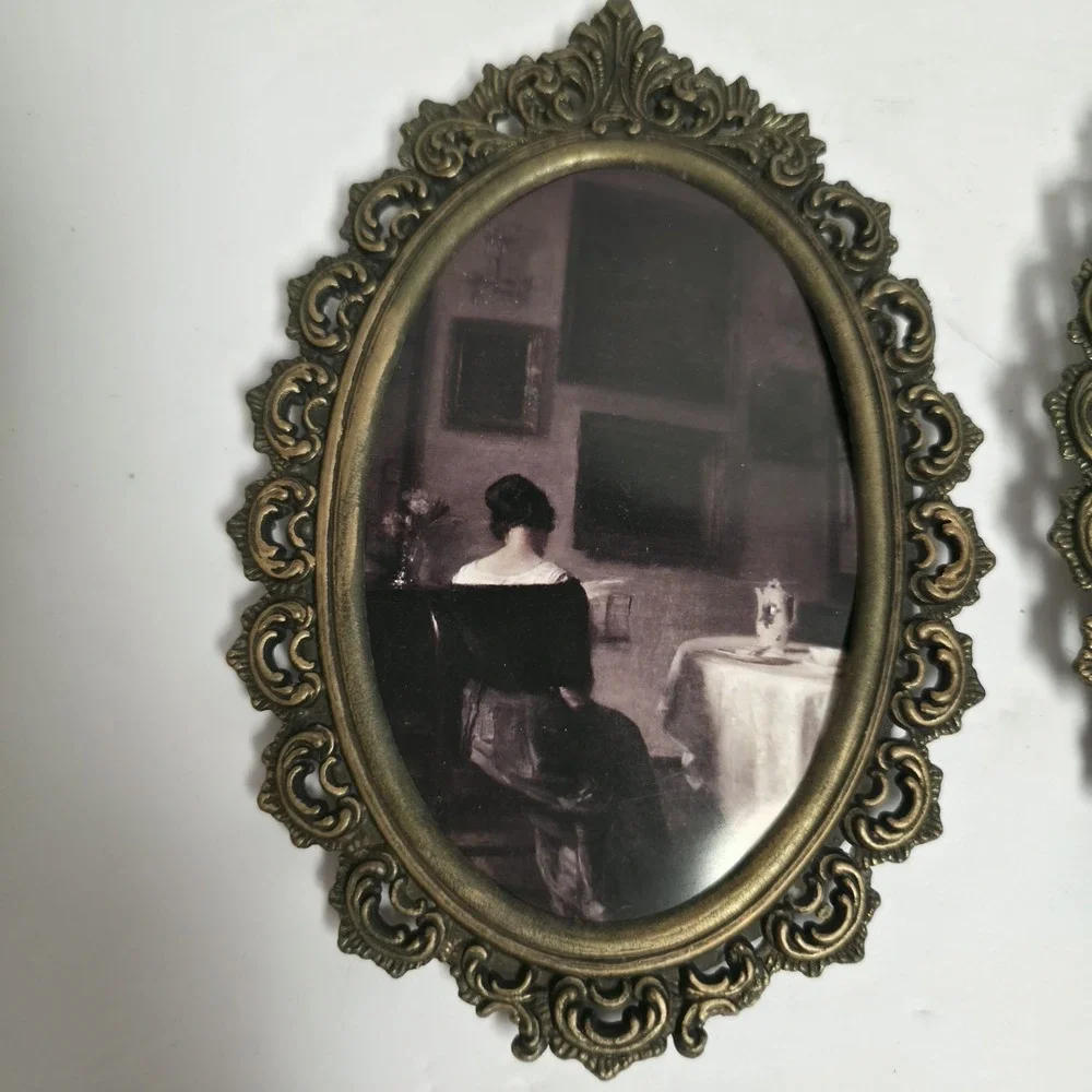 Vtg Ornate Brass Tone Oval Wall Art Whimsigoth Victorian Italian Pair Set Frame